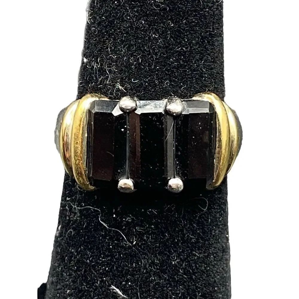 Pranda sterling silver 925 3 emerald cut onyx gold vermeil ring